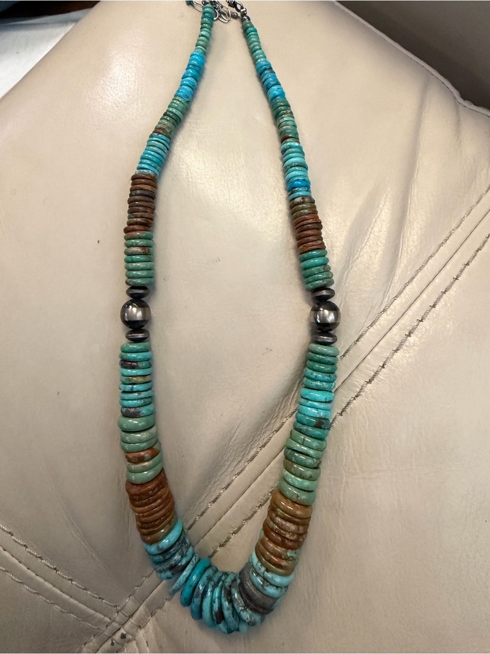Vintage Turquoise and Brown Heishi Bead Sterling Necklace